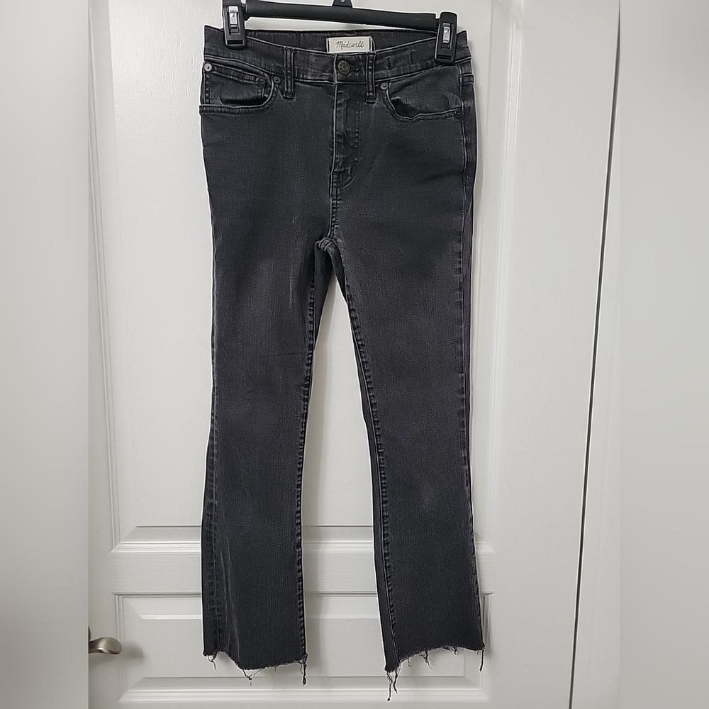 Madewell Cali Demi Boot Black Wash Raw Hem Denim Jeans Women's Size 26 Fringe